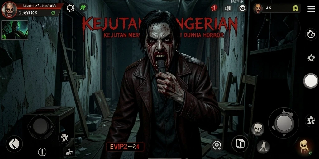 Tangkapan layar EVIP2 menampilkan gameplay mencekam di latar gelap.