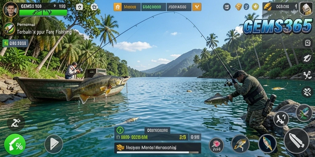 Tampilan gameplay yang seru dari GEMS365 saat memancing.