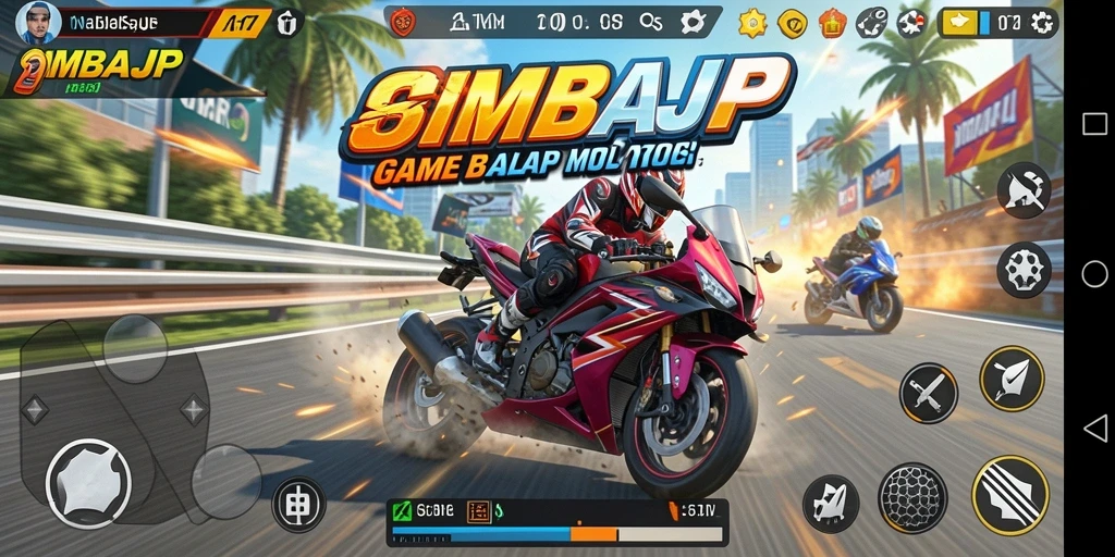 Tampilan gameplay IMBAJP yang memukau saat balapan motor cepat.