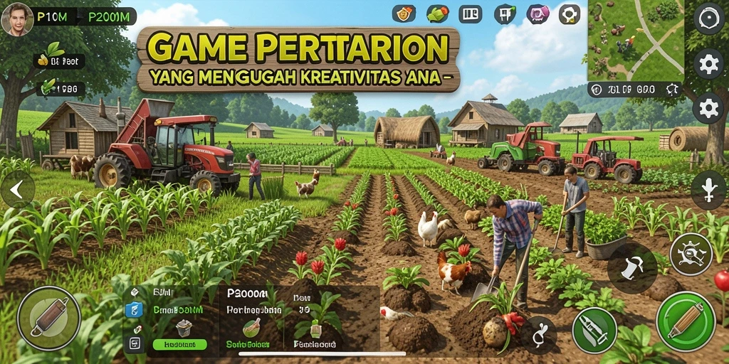 Tampilan gameplay P200M dengan ladang hijau dan aktivitas pertanian.