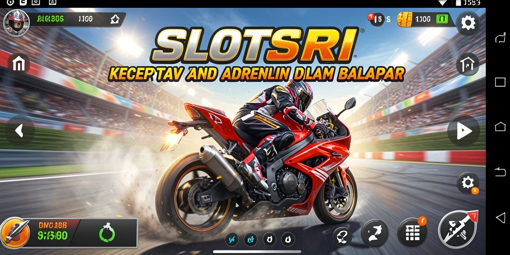 Screenshot SLOTSRI menampilkan balapan intens di lintasan dengan motor yang cepat.