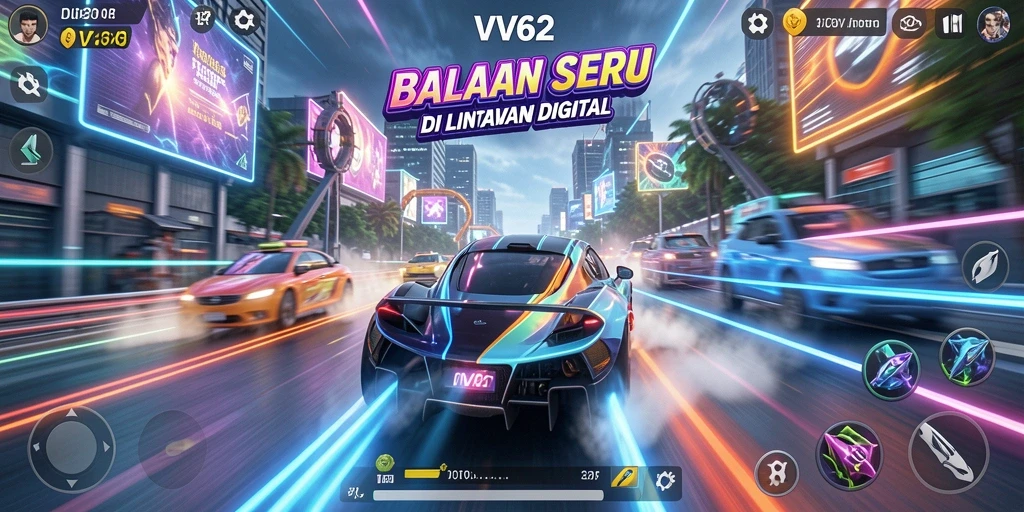 Screenshot utama VV62 menampilkan aksi balap yang mendebarkan.