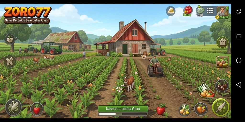 Gameplay seru ZORO77 yang menampilkan aktivitas bertani.
